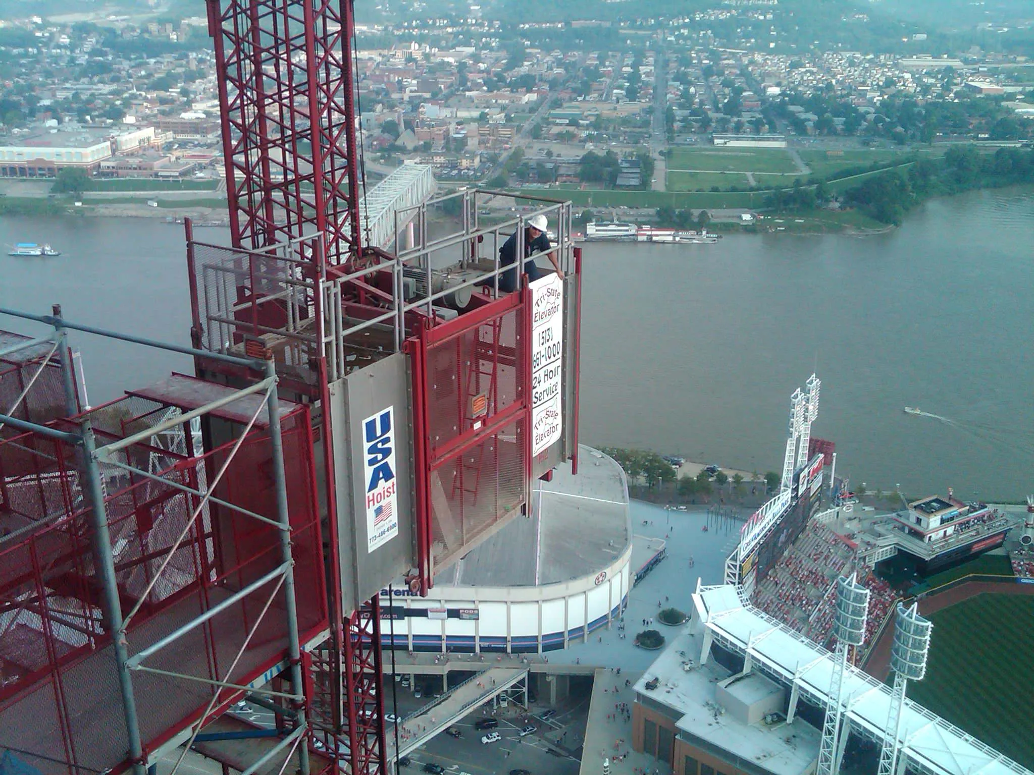 Ohio River and Kentucky skyline from high-rise elevator work